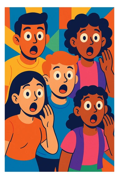 a group of young people showing surprise, colorful illustration style sticker