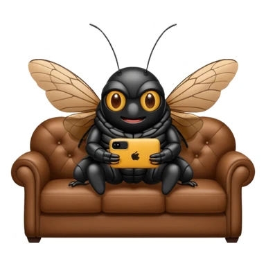 Black Cicada cartoon style watching on a phone sit on a brown sofa  sticker