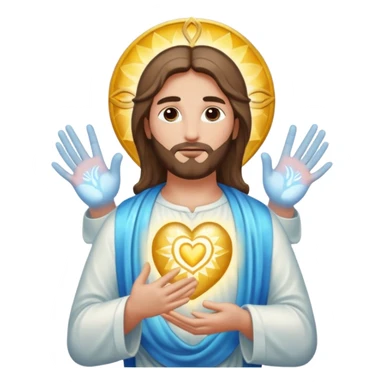 Christ Guardian of Mind, compassionate protector with glowing aura, one hand over heart and other extended outward, ethereal patterns representing thought and clarity, iOS emoji style sticker