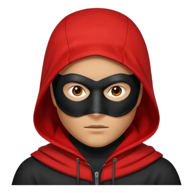 Q person with a red hood on and a black mask with a white square in the middle  sticker