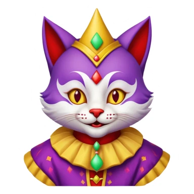 crazy colorful cute little cat jolly joker from poker, medieval, vintage, court jester, mac os icon, purple, yellow and red color, half body sticker