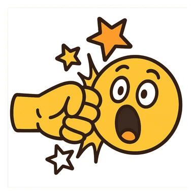 flat-toon style dramatic punch scene with yellow emoji fist hitting yellow emoji face, face has shocked expression, squished cheek, comic stars, smooth bold outlines sticker