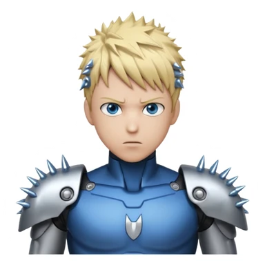 Genos from One Punch Man, android cyborg with spiky blond hair, metallic arms, intense eyes, compact and expressive, no text sticker