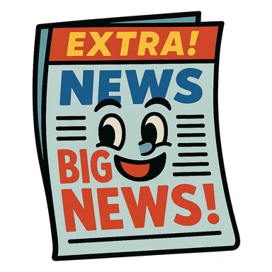 cartoon newspaper with exaggerated headlines and a smiling face sticker