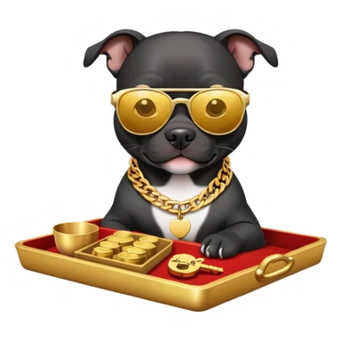 Black pitbull with sunglasses holding a golden tray to put keys on, kind of like one of those Chinese lucky cats but instead a pitbull sticker