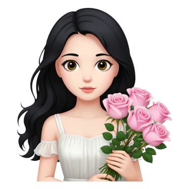 A beautiful girl with long black hair and a white dress is holding a bouquet of pink roses sticker