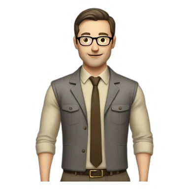 To belt Actively gesturing with hands Pale skinned fit man with dark brown hair in gray jacket, beige office shirt, brown tie, brown pants and vintage glasses. sticker