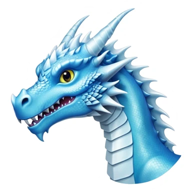 Cinematic Noble elegant Ice Dragon Portrait Emoji, Poised and imposing, distinct long elegant snout, with a slender, scaled body shimmering in glacial hues of icy blue, frostbitten silver, and crystalline white, breathing out frost, with piercing, glowing eyes that radiate the chilling depths of an arctic storm; rendered in detail. sticker
