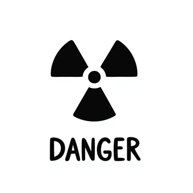 Hand-drawn radiation warning trefoil symbol with hazard text sticker