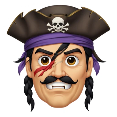 A battle-worn pirate with tangled black hair, a torn eye patch, friendly sticker