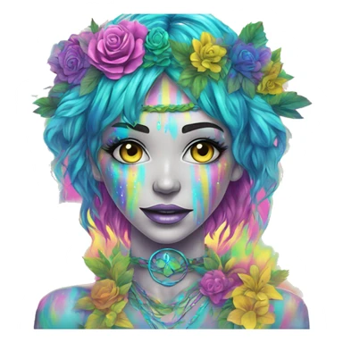 420 Tie dye hippie person flower crown tattoos hemp leaves metallic iridescent holographic blue cyan green pink yellow hazard stripes dark colours sticker