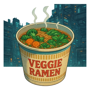 cyberpunk futuristic, scifi, a bowl of delicious veggie , ramen, 1990s, paper cup, classic style branding sticker
