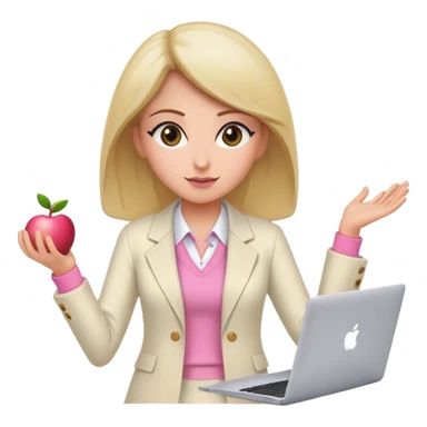 Female teaching working on an apple macbook, wear a cream long blazer, with a Pink shirt Day Teacher, must have a hazel eyes.  sticker