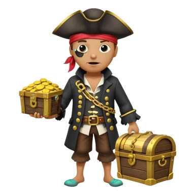 A 3D cartoon pirate character with one eye covered by a black eye patch, holding a treasure chest filled with gold coins and jewels, standing on sandy ground, wearing a pirate hat and coat, warm sunset lighting, realistic Memoji-style rendering. sticker
