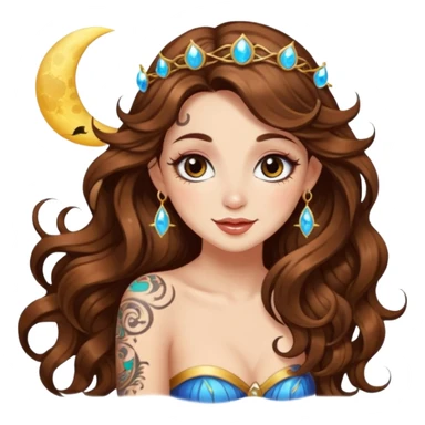 flirty moon fairy woman long wavy brown hair tattoos wink sparkle sticker