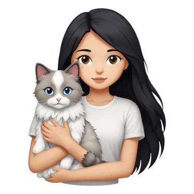 A beautiful girl with long black hair wearing a white short-sleeved shirt hugs a ragol cat sticker