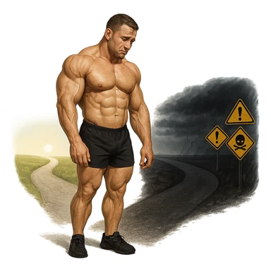 realistic muscular bodybuilder with a sad expression standing at a crossroads with one bright road and one dark road with danger signs, looking towards the wrong road, isolated on white background sticker