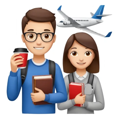 Create two emoji characters.

Left: a stressed student preparing for IELTS, holding books and coffee, tired face, exam stress.

Right: a happy confident student after IELTS, traveling abroad, airplane, university, freedom, smiling.

Style: Apple emoji, clean, simple, white background. sticker