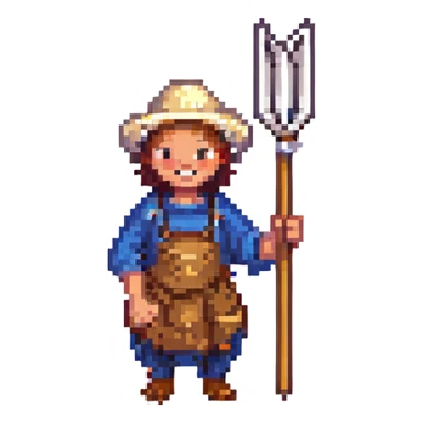 pixel art Twitch emoji of a cheerful peasant with a pitchfork sticker