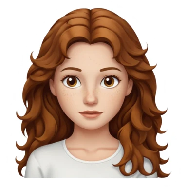 Caucasian woman with long brown wavy hair with freckles, hazel eyes wearing a white top sticker