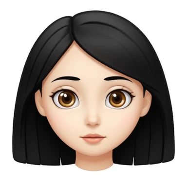Crear emoji de una chica de piel blanca ojos grandes negro pelo lacio negro con raya al medio tierna, dulce y alegre sticker