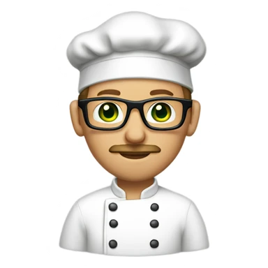 Man with light brown hair, green eyes, mustache, long face, light skin, and glasses wearing a chef hat sticker
