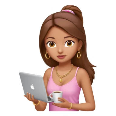 a pretty fair indian bratz girl with brown hair. with a pink cami top, drinking takeaway brown coffee, golden dainty necklace and carrying a white laptop sticker