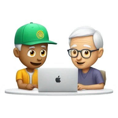 Young man with SnapBack hat helping old man to use artificial intelligence on a MacBook  computer sticker