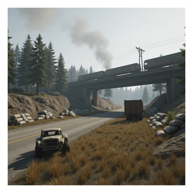  a screenshot of a location in a videogame  the image of the scene consists of:  [above-ground train freeway partially collapsed], a wooded area, a small field of wheat, sandbag barricades. distant smoke. uneven terrain, derelict vintage work trucks, more distant smoke. polluted and war-torn sticker