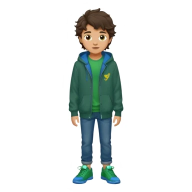 a 14 year old slightly tanned teenage boy with dark brown tousled wavy hair, wearing a green tshirt, with a dark green hoodie overcoat with blue jeans and green shoes sticker