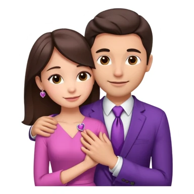 Brunette girl, with an engagement ring on her finger hugging a handsome man, (her boyfriend) both of them happy, she’s wearing a pink dress, he is wearing a suit, he’s also a rich businessman, and there is the 💜 purple heart emoji on top. They look in love with each other sticker