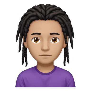 brown teen with black dreads in a middle part with brown eyes and a small faint mustache and purple shirt sticker