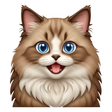cinematic-adorable-big-eyed-fluffy-brown ragdoll-cat-portrait-emoji,-head-tilted-playfully-with-a-cute,-yawn,-white and brwon fur,-simplified-yet-irresistibly-cute-features, blue eyes sticker