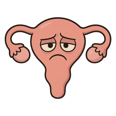a uterus character with downturned eyes and frown, subtle shading, minimal background, friendly and relatable sticker