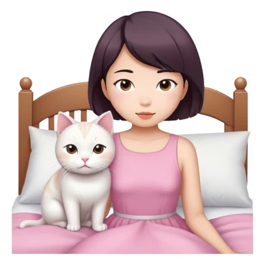 Short hair Asian girl wake up with white cat in pink dress  sticker
