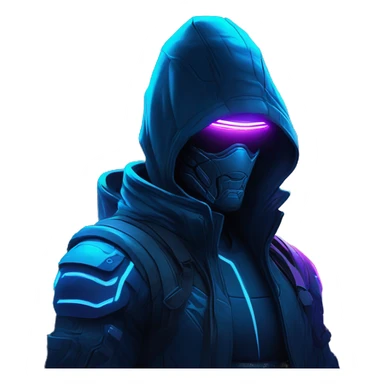 Hacker behind his laptop with this style : crysis Cyberpunk Valorant neon glowing bright blue character blue black hooded assassin themed character sticker