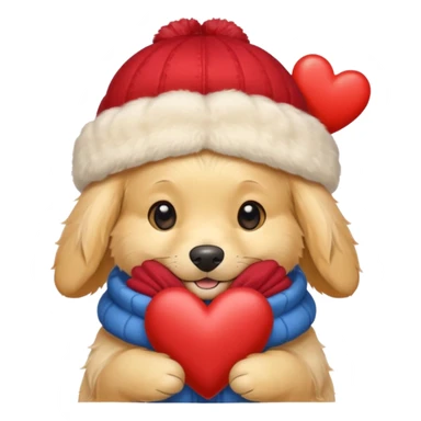 English cream golden retriever cartoon cuddling with winter hats and heart in between them sticker