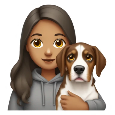 girl with long brown hair wearing a grey sweatshirt and holding a greater swiss mountain dog sticker