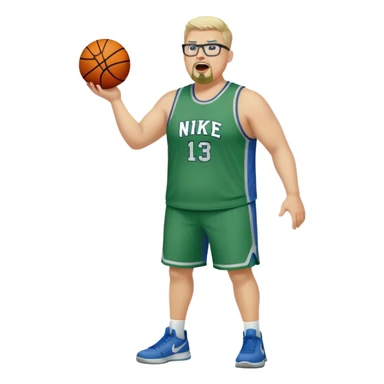 Full Body white male plus size wearing glasses with a goatee with light blonde and gray very short hair yelling basketball head Coach in blue and green wearing Nike  sticker