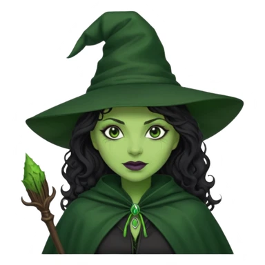 elphaba wicked witch with broom close up, evil dark curly long dark hair, green skin, thick green lips, cheekbones, smirk evil menacing cythia erivo dark aesthetic black hat cloak black broom sticker