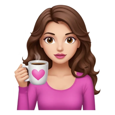 girl with long wavy brown hair, brown eyes, long lashes, makeup ,sexy pink lips, light to medium complexion, pink sexy top, with a coffee mug sticker