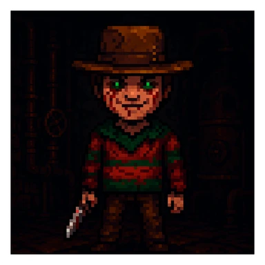 Add a spooky, nightmarish background with a boiler room and dark shadows behind Freddy Krueger, keep pixel art style sticker
