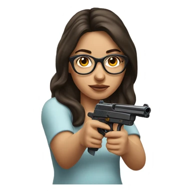 brunette girl wearing glasses shooting a fake gun sticker