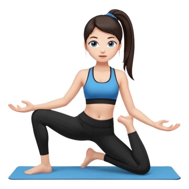 A girl with fair skin and a caring blush. Her eyes are big, expressive, blue. Her hair is long, straight, dark brown.
 in a ponytail, she is wearing black leggings and a black sports bra. doing yoga sticker