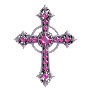 3D gothic cross with pink gemstones, intricate details, metallic finish sticker