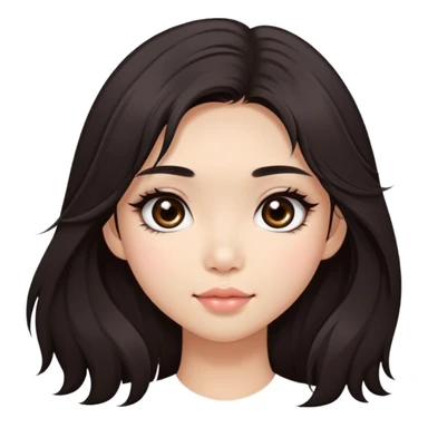 Asian girl with very long shaggy deep dark brown hair, big dark eyes. long lower lashes, cheekbones with blush. big dimples. long hair sticker