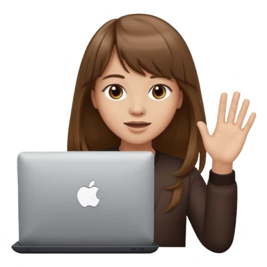 a designer with light skin long brown hair bangs waving with computer, no glasses sticker