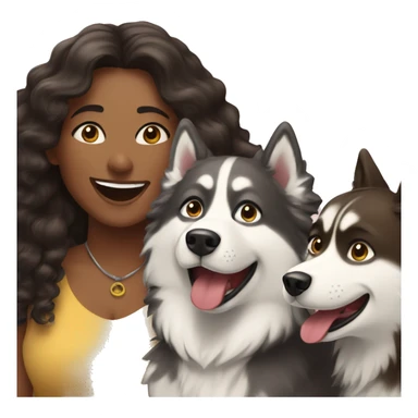woman with long dark brown curly hair expressing joy alongside two husky's sticker