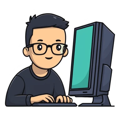 Young man with glasses using an outdated desktop computer with bulky monitor sticker