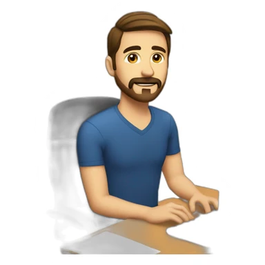 a man with short straight slightly raised brown hair, with a beard and mustache is sitting at a computer in the office sticker